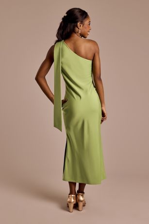 Metallic One-Shoulder Sheath Dress with Neck Scarf | David's Bridal